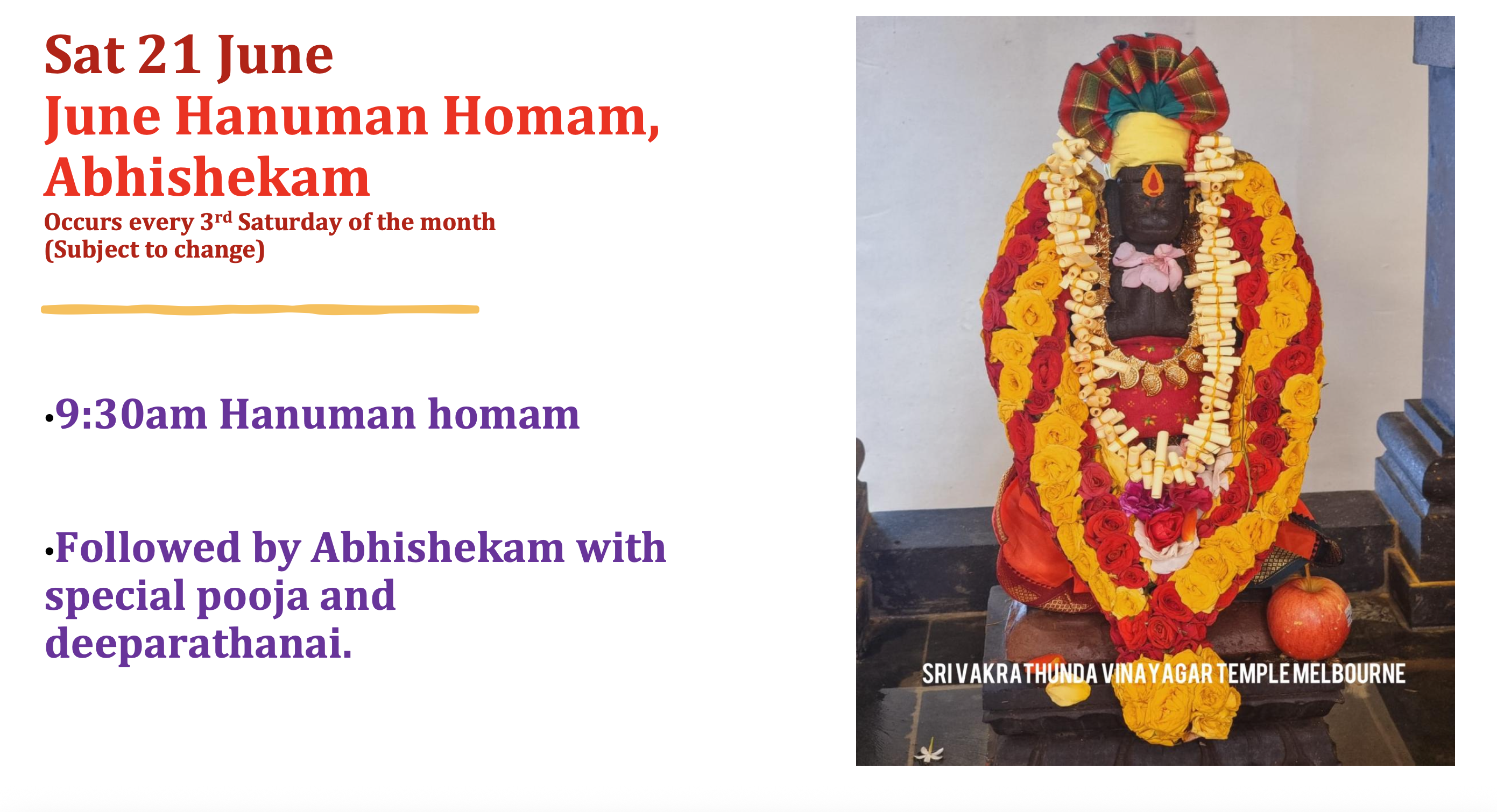 Sat 21st June – Hanuman Homam, Abhishekam